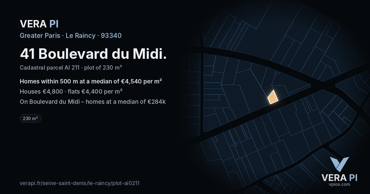 41 Boulevard du Midi, Le Raincy at night – the plot lit, the parcels around coloured by the prices near them