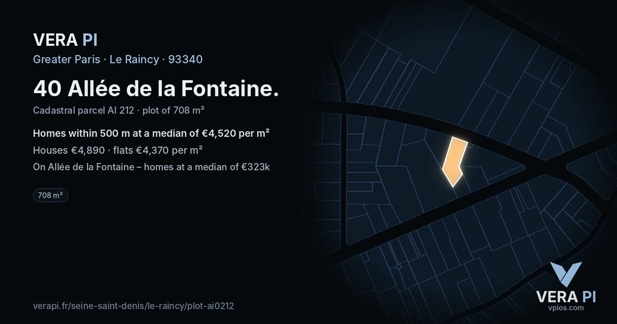 40 Allée de la Fontaine, Le Raincy at night – the plot lit, the parcels around coloured by the prices near them