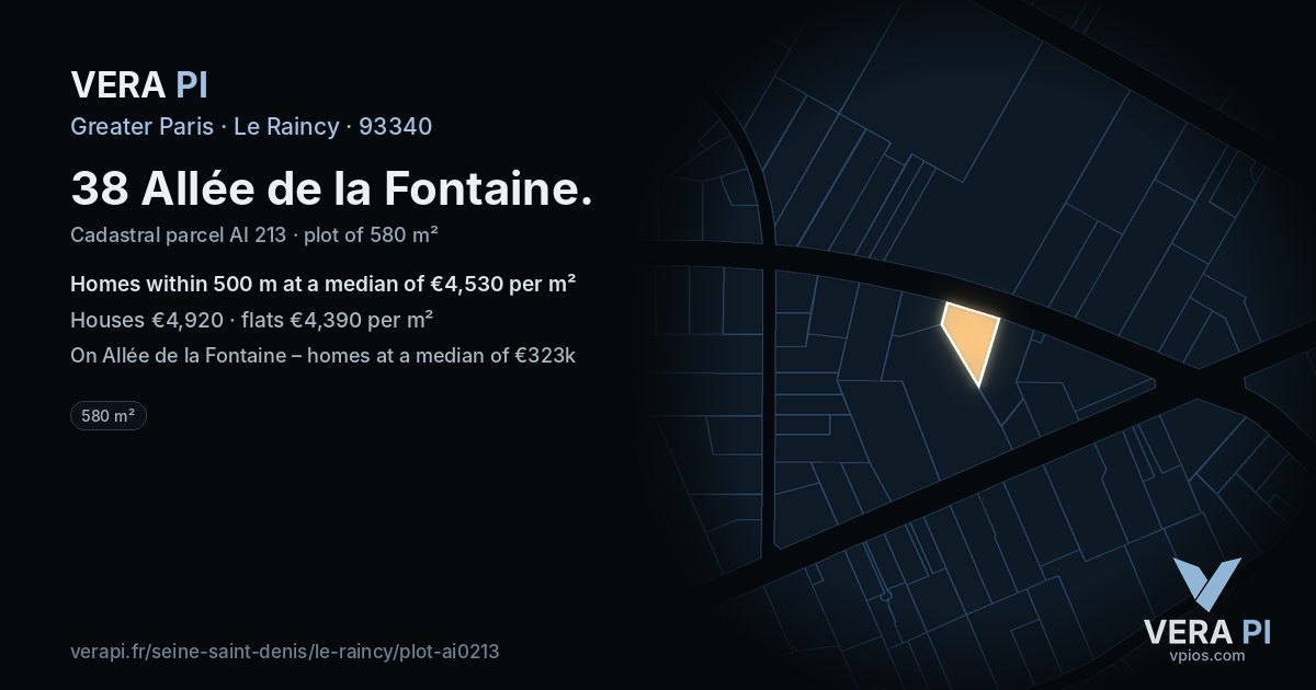 38 Allée de la Fontaine, Le Raincy at night – the plot lit, the parcels around coloured by the prices near them