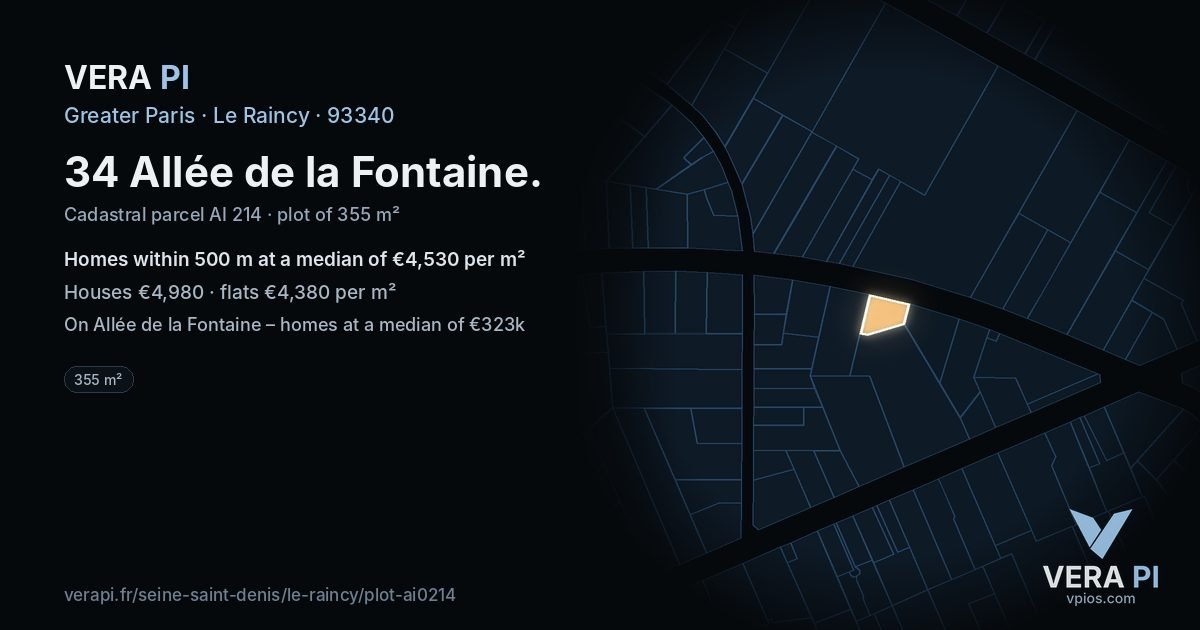 34 Allée de la Fontaine, Le Raincy at night – the plot lit, the parcels around coloured by the prices near them