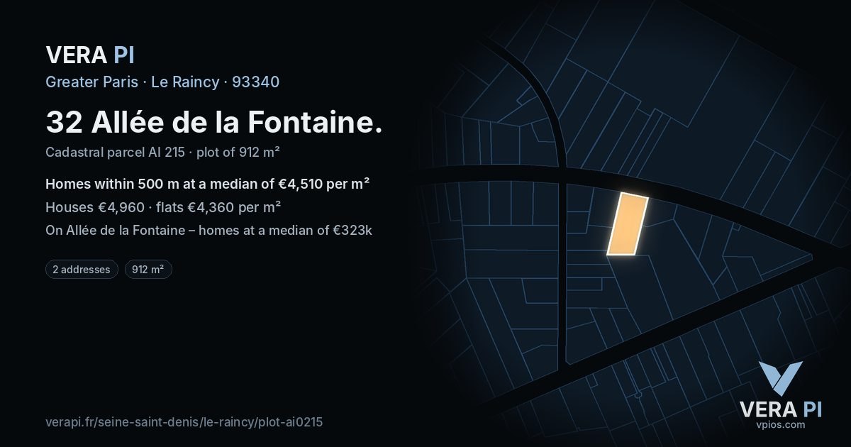 32 Allée de la Fontaine, Le Raincy at night – the plot lit, the parcels around coloured by the prices near them