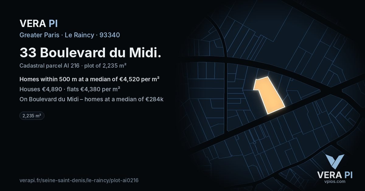 33 Boulevard du Midi, Le Raincy at night – the plot lit, the parcels around coloured by the prices near them