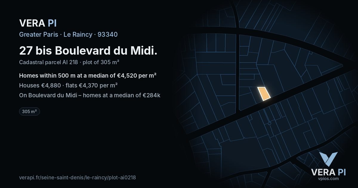 27 bis Boulevard du Midi, Le Raincy at night – the plot lit, the parcels around coloured by the prices near them