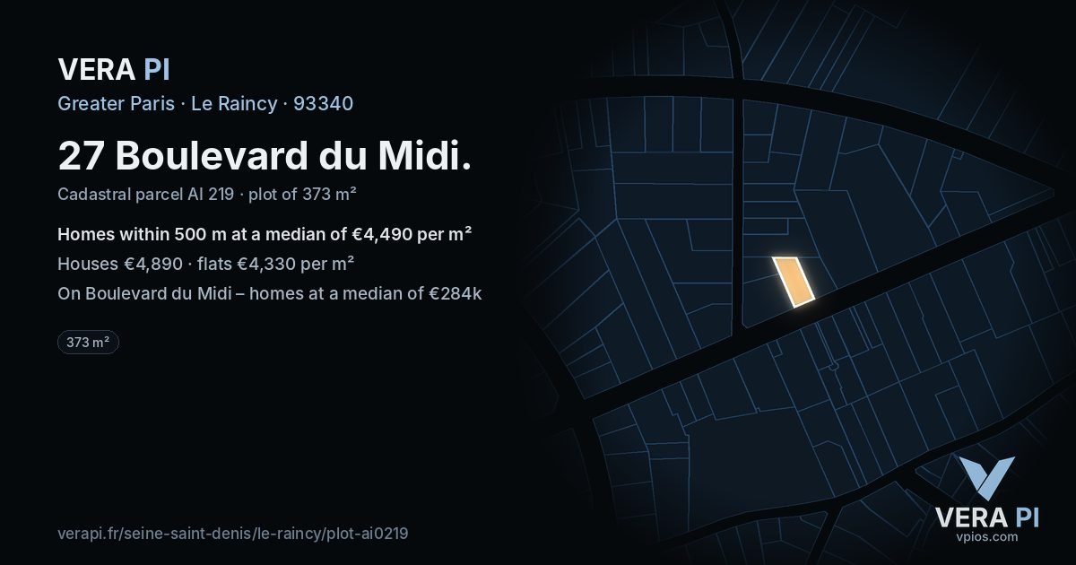 27 Boulevard du Midi, Le Raincy at night – the plot lit, the parcels around coloured by the prices near them
