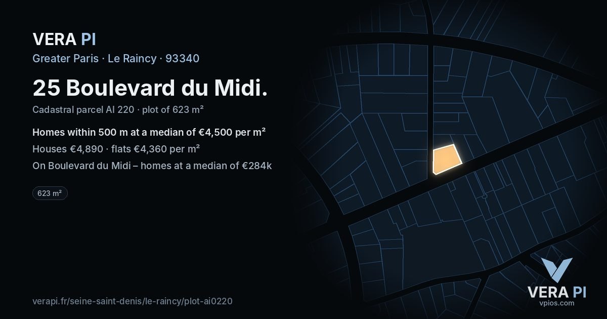 25 Boulevard du Midi, Le Raincy at night – the plot lit, the parcels around coloured by the prices near them