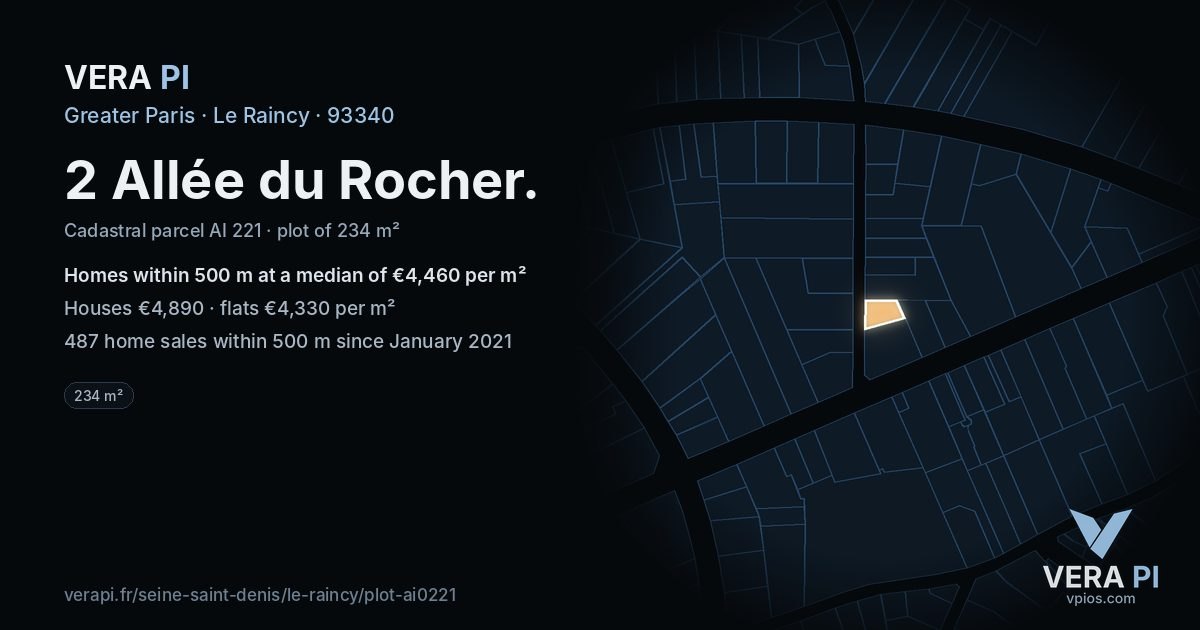 2 Allée du Rocher, Le Raincy at night – the plot lit, the parcels around coloured by the prices near them