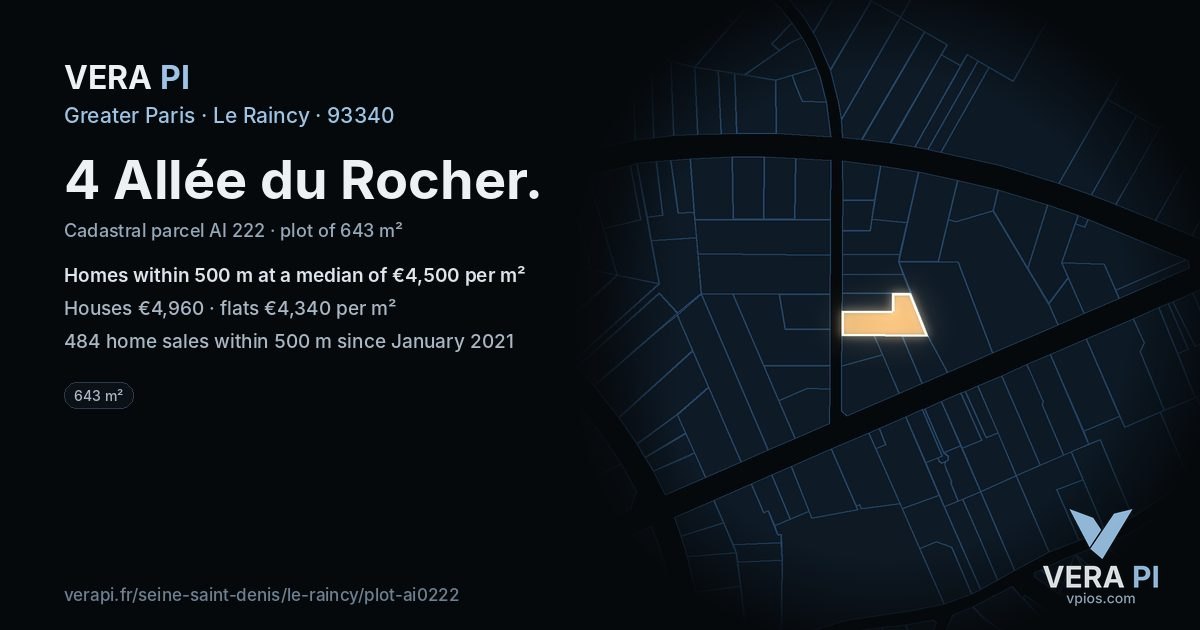 4 Allée du Rocher, Le Raincy at night – the plot lit, the parcels around coloured by the prices near them