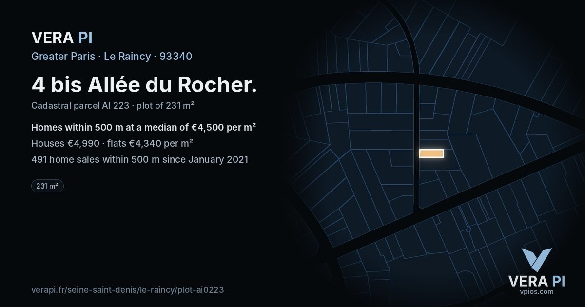 4 bis Allée du Rocher, Le Raincy at night – the plot lit, the parcels around coloured by the prices near them