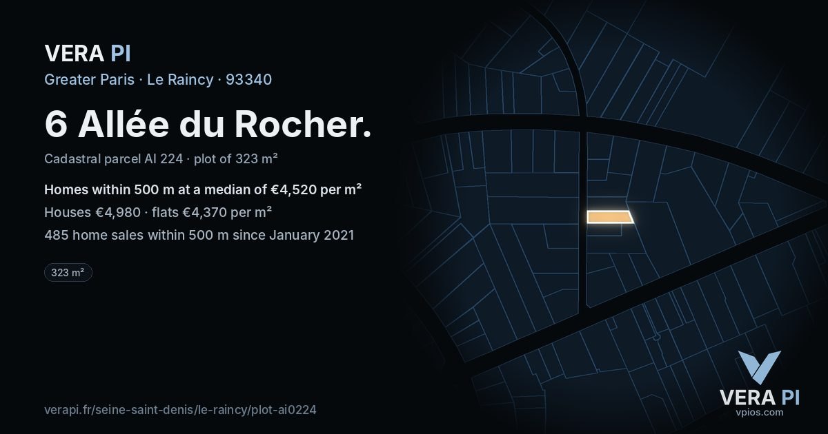 6 Allée du Rocher, Le Raincy at night – the plot lit, the parcels around coloured by the prices near them