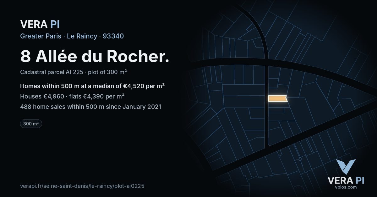 8 Allée du Rocher, Le Raincy at night – the plot lit, the parcels around coloured by the prices near them