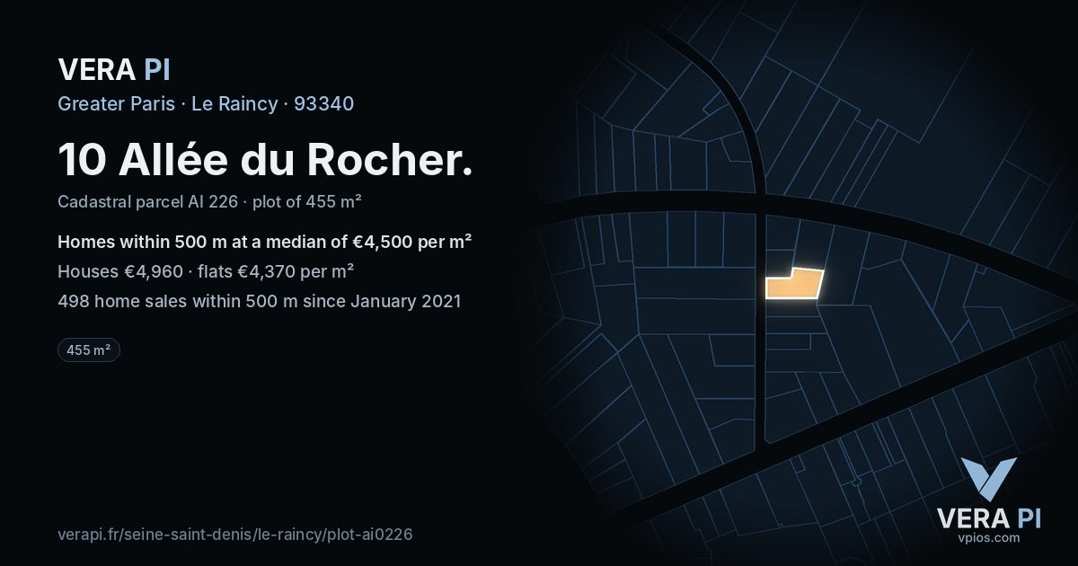 10 Allée du Rocher, Le Raincy at night – the plot lit, the parcels around coloured by the prices near them