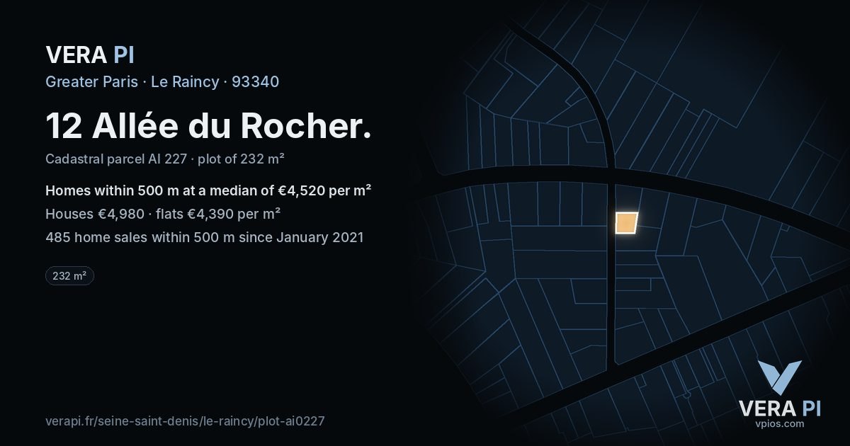12 Allée du Rocher, Le Raincy at night – the plot lit, the parcels around coloured by the prices near them