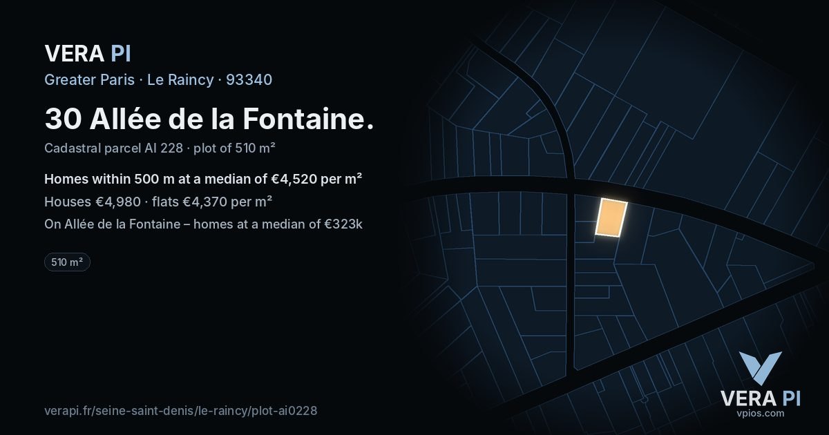 30 Allée de la Fontaine, Le Raincy at night – the plot lit, the parcels around coloured by the prices near them