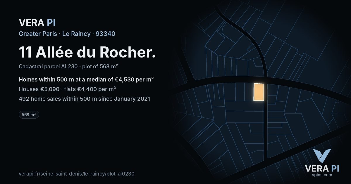 11 Allée du Rocher, Le Raincy at night – the plot lit, the parcels around coloured by the prices near them