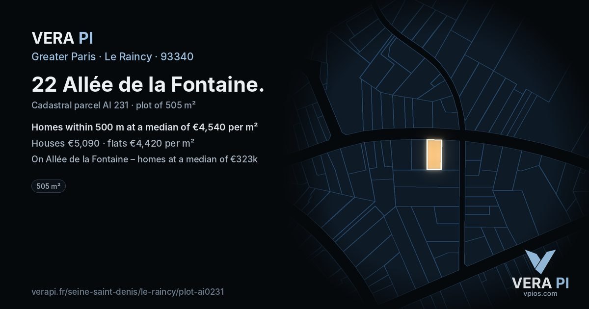 22 Allée de la Fontaine, Le Raincy at night – the plot lit, the parcels around coloured by the prices near them