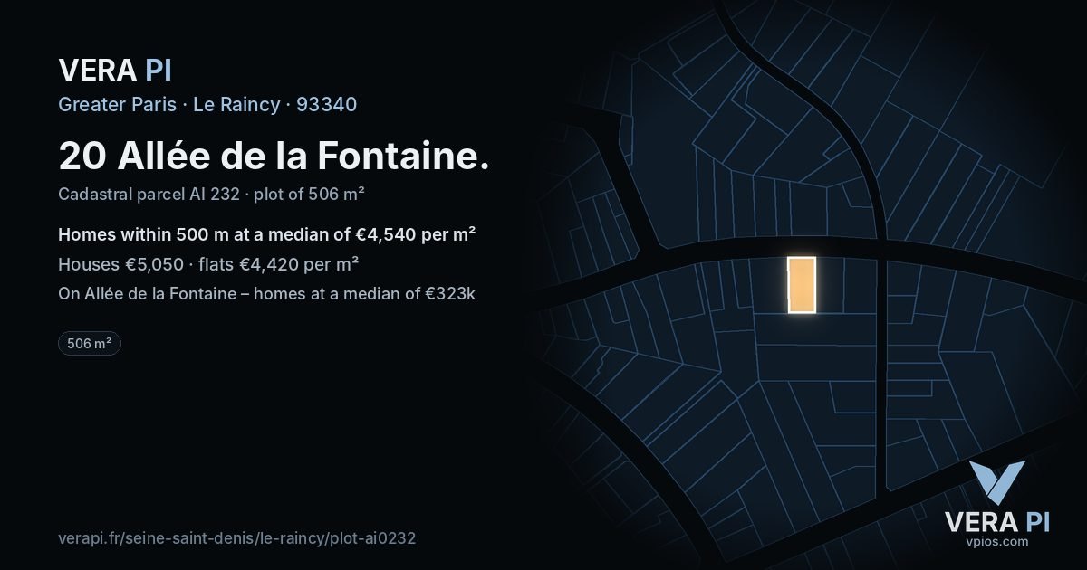 20 Allée de la Fontaine, Le Raincy at night – the plot lit, the parcels around coloured by the prices near them