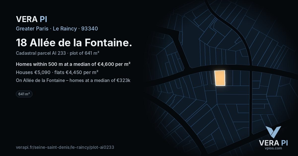 18 Allée de la Fontaine, Le Raincy at night – the plot lit, the parcels around coloured by the prices near them