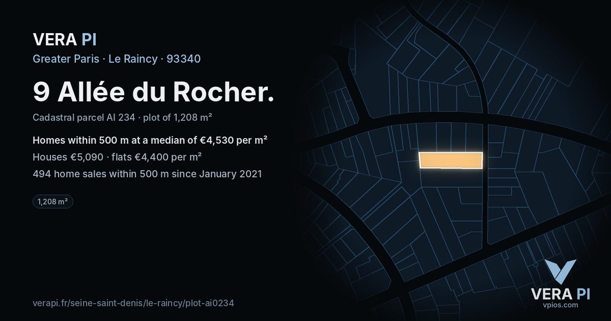 9 Allée du Rocher, Le Raincy at night – the plot lit, the parcels around coloured by the prices near them
