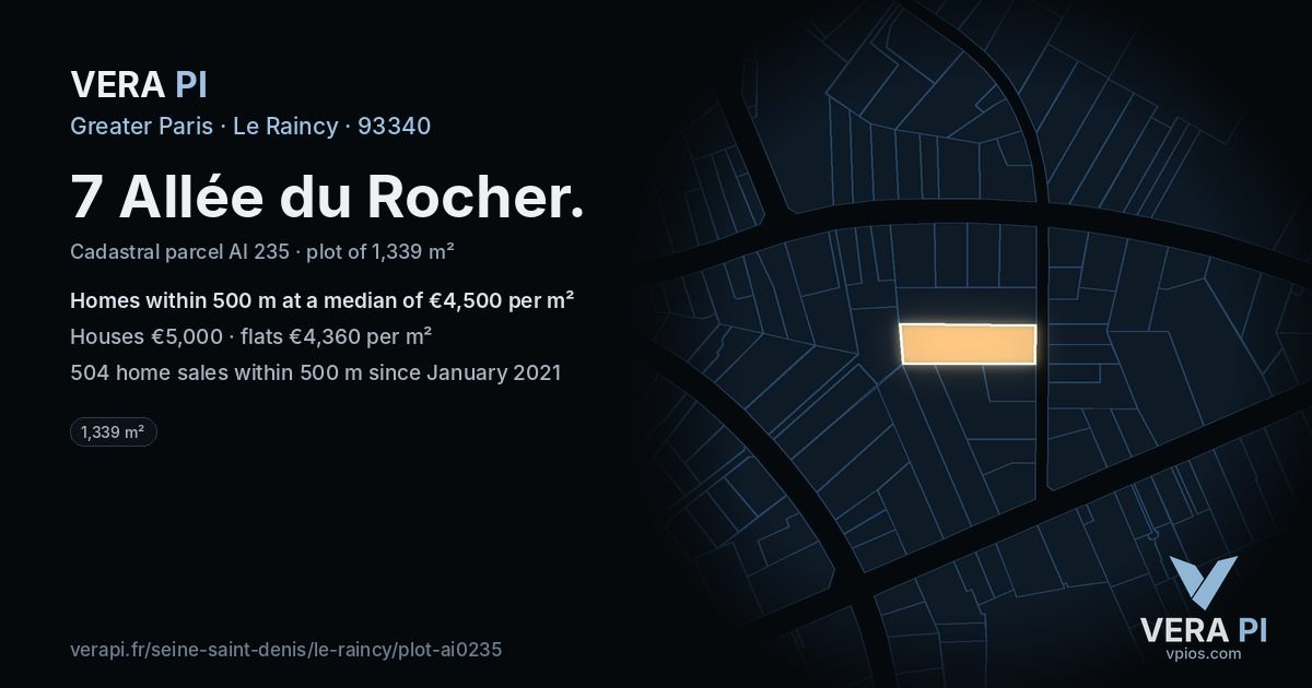 7 Allée du Rocher, Le Raincy at night – the plot lit, the parcels around coloured by the prices near them