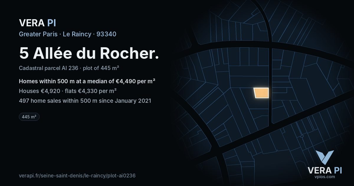 5 Allée du Rocher, Le Raincy at night – the plot lit, the parcels around coloured by the prices near them