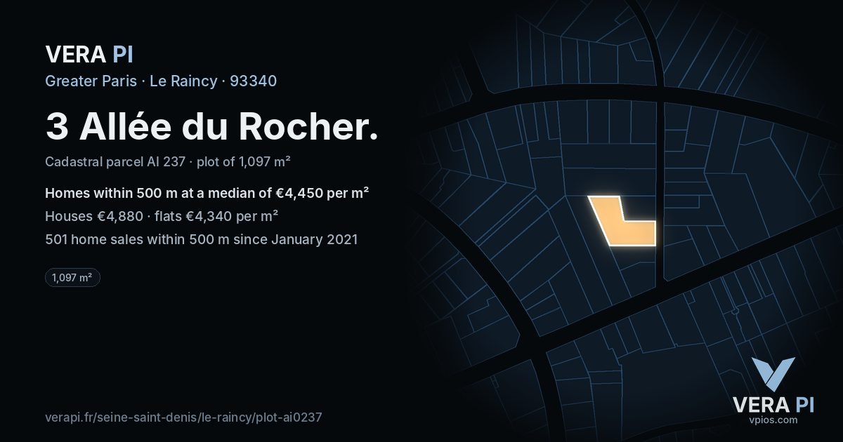 3 Allée du Rocher, Le Raincy at night – the plot lit, the parcels around coloured by the prices near them