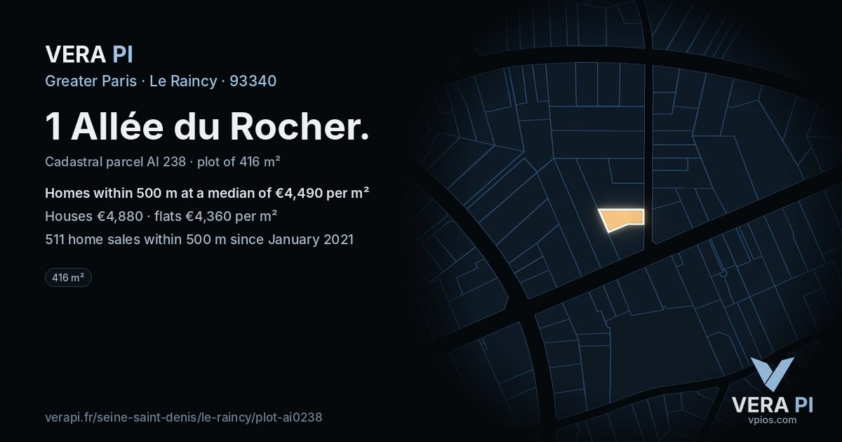 1 Allée du Rocher, Le Raincy at night – the plot lit, the parcels around coloured by the prices near them