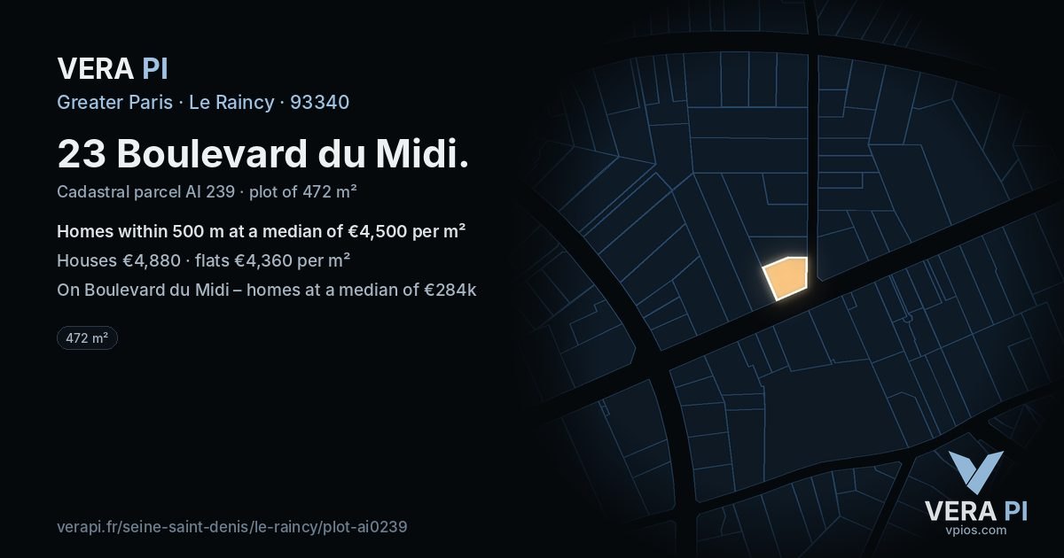 23 Boulevard du Midi, Le Raincy at night – the plot lit, the parcels around coloured by the prices near them
