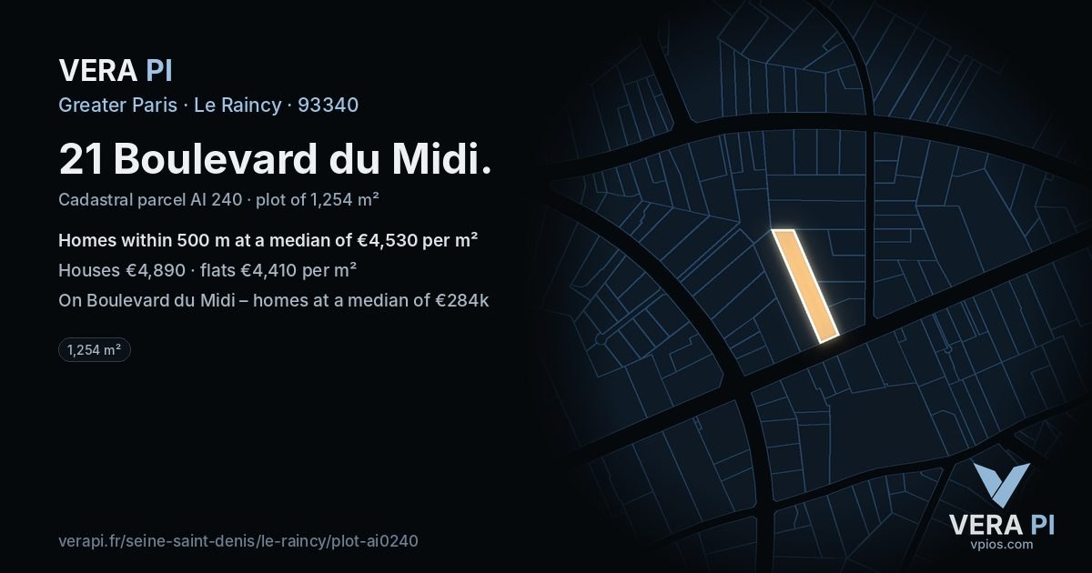 21 Boulevard du Midi, Le Raincy at night – the plot lit, the parcels around coloured by the prices near them
