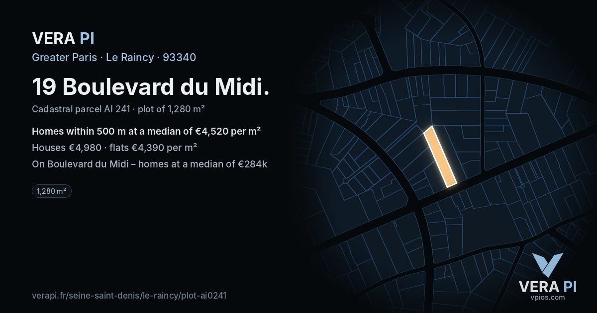 19 Boulevard du Midi, Le Raincy at night – the plot lit, the parcels around coloured by the prices near them