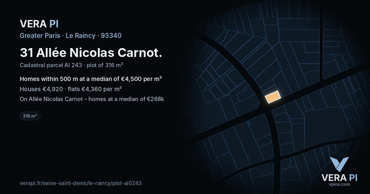 31 Allée Nicolas Carnot, Le Raincy at night – the plot lit, the parcels around coloured by the prices near them