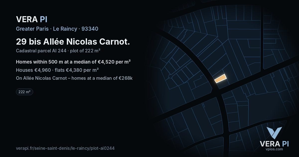 29 bis Allée Nicolas Carnot, Le Raincy at night – the plot lit, the parcels around coloured by the prices near them