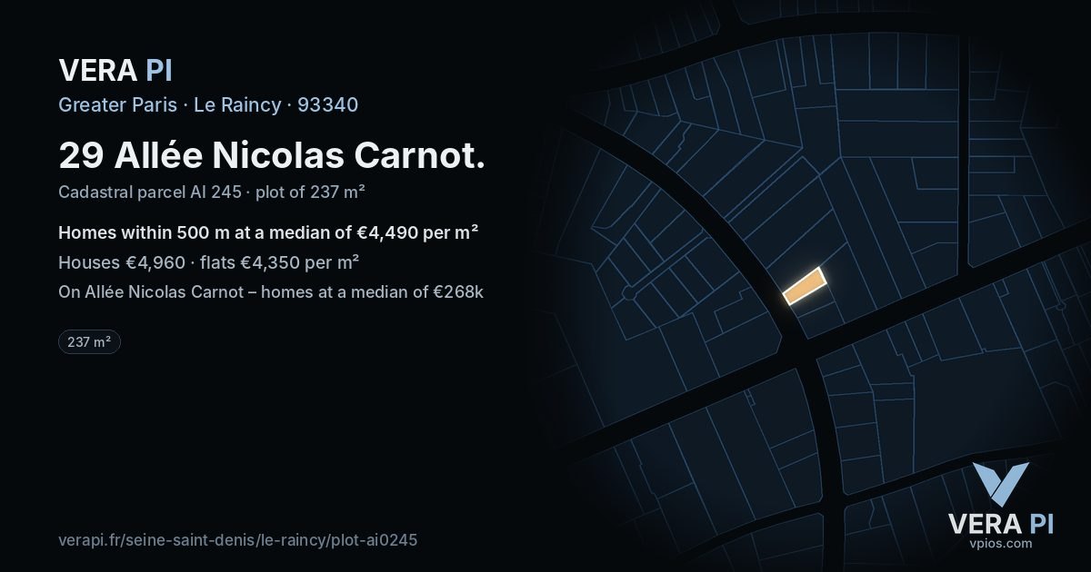 29 Allée Nicolas Carnot, Le Raincy at night – the plot lit, the parcels around coloured by the prices near them