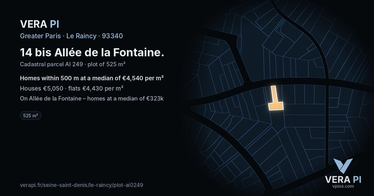 14 bis Allée de la Fontaine, Le Raincy at night – the plot lit, the parcels around coloured by the prices near them