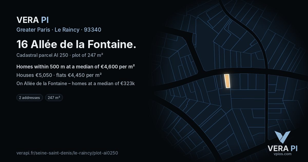 16 Allée de la Fontaine, Le Raincy at night – the plot lit, the parcels around coloured by the prices near them