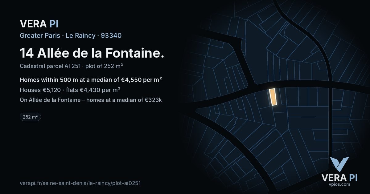 14 Allée de la Fontaine, Le Raincy at night – the plot lit, the parcels around coloured by the prices near them