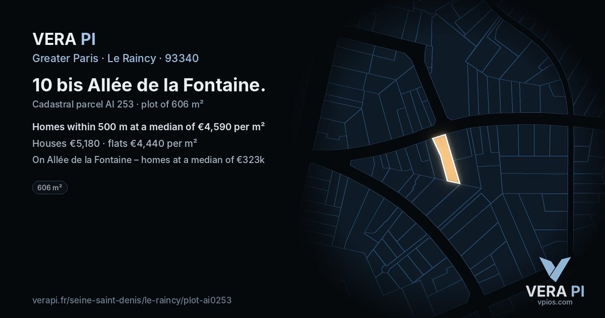 10 bis Allée de la Fontaine, Le Raincy at night – the plot lit, the parcels around coloured by the prices near them