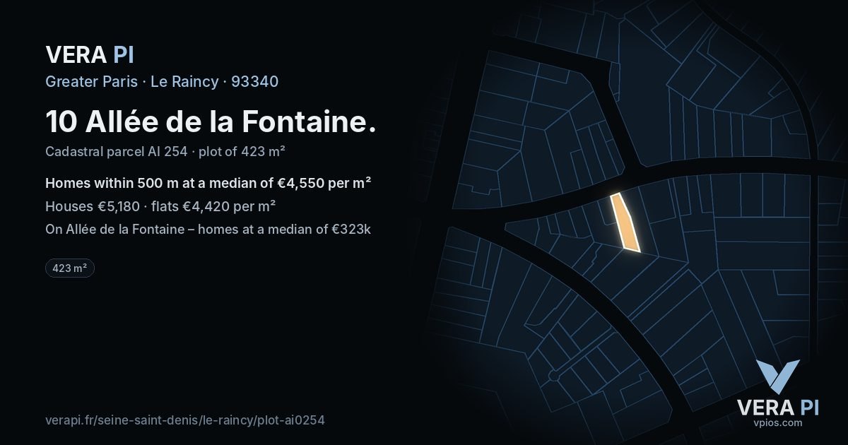 10 Allée de la Fontaine, Le Raincy at night – the plot lit, the parcels around coloured by the prices near them