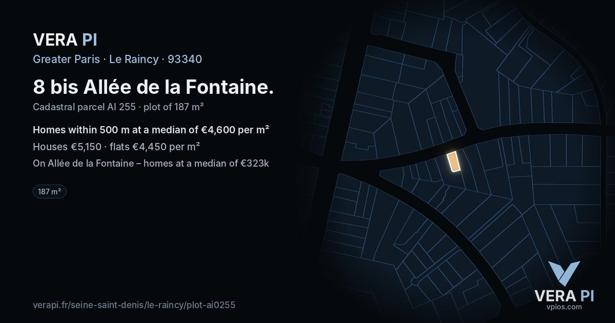 8 bis Allée de la Fontaine, Le Raincy at night – the plot lit, the parcels around coloured by the prices near them