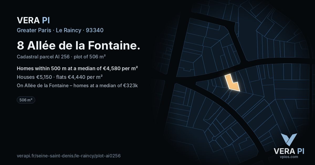8 Allée de la Fontaine, Le Raincy at night – the plot lit, the parcels around coloured by the prices near them