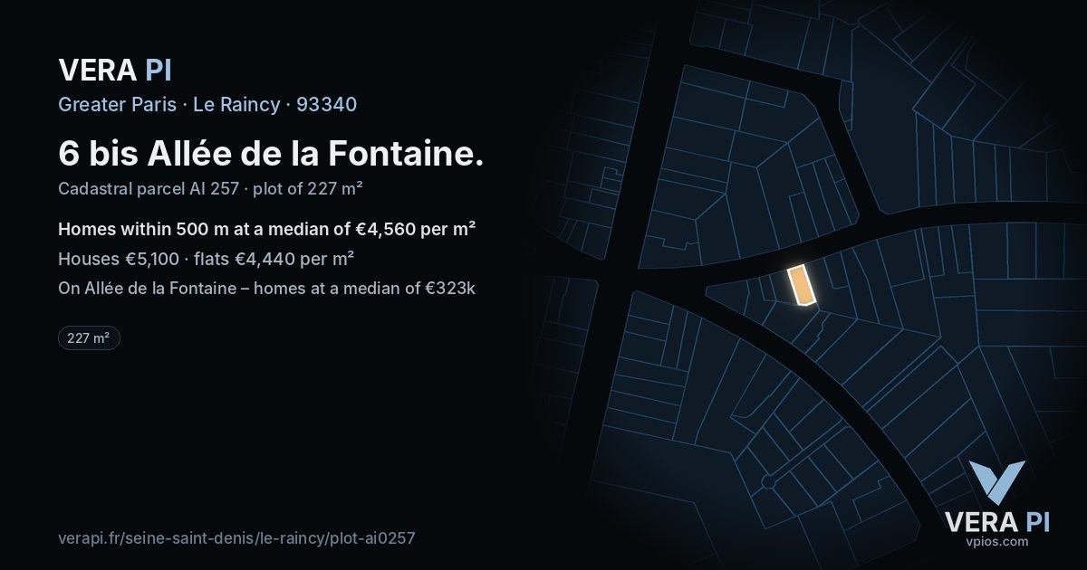 6 bis Allée de la Fontaine, Le Raincy at night – the plot lit, the parcels around coloured by the prices near them
