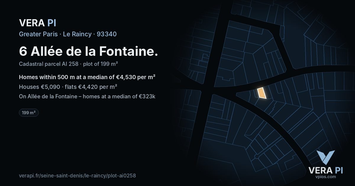 6 Allée de la Fontaine, Le Raincy at night – the plot lit, the parcels around coloured by the prices near them