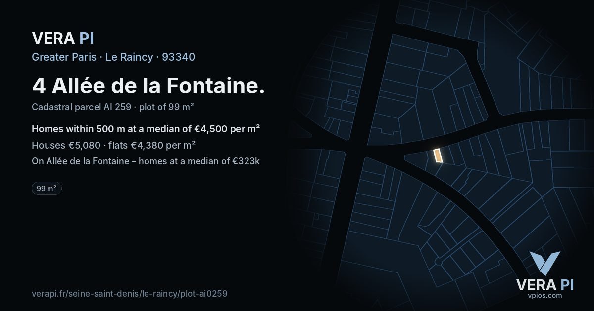 4 Allée de la Fontaine, Le Raincy at night – the plot lit, the parcels around coloured by the prices near them
