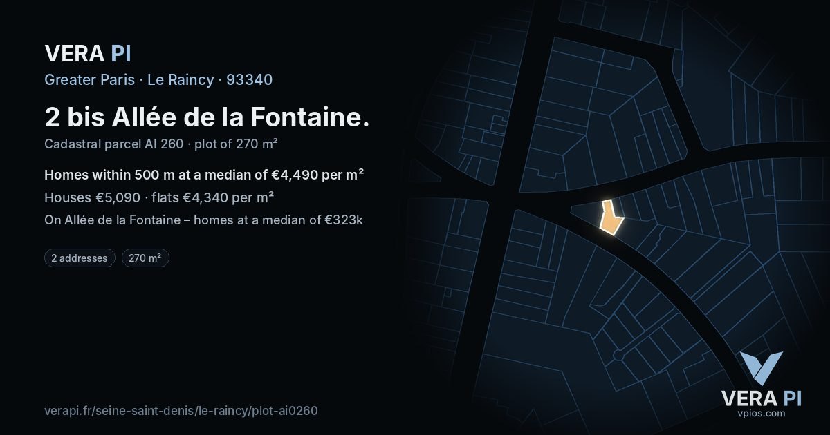 2 bis Allée de la Fontaine, Le Raincy at night – the plot lit, the parcels around coloured by the prices near them