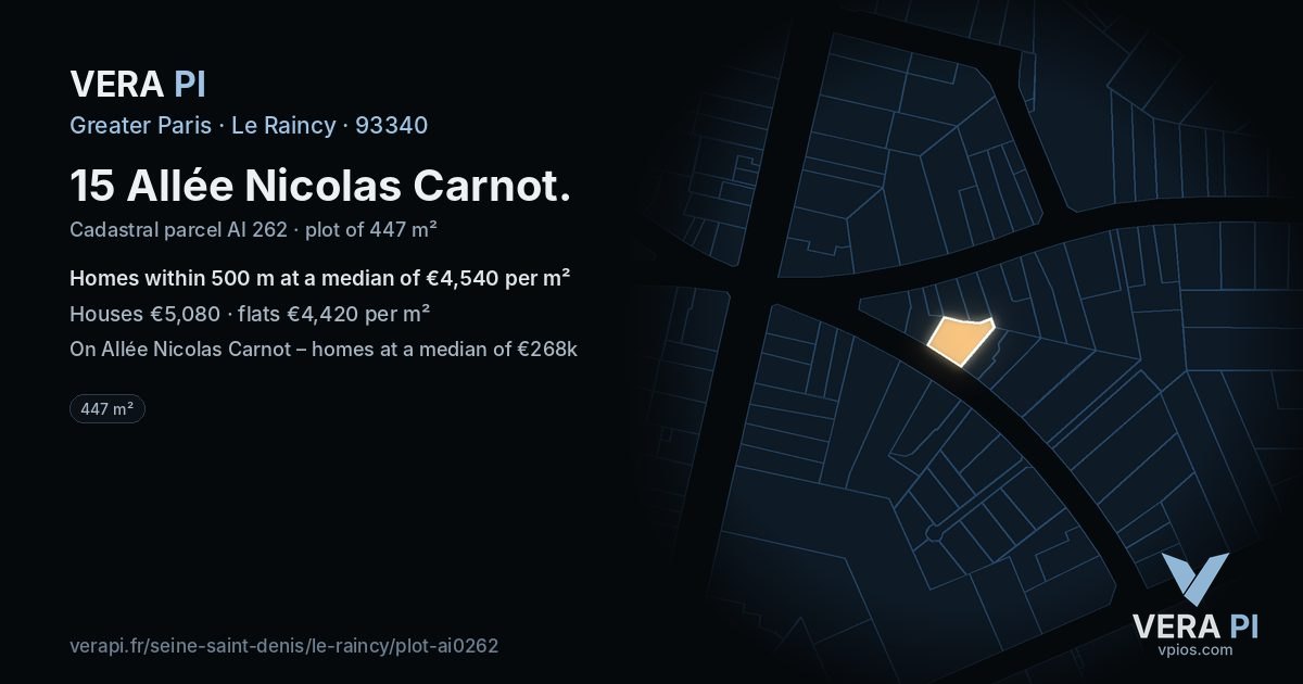 15 Allée Nicolas Carnot, Le Raincy at night – the plot lit, the parcels around coloured by the prices near them