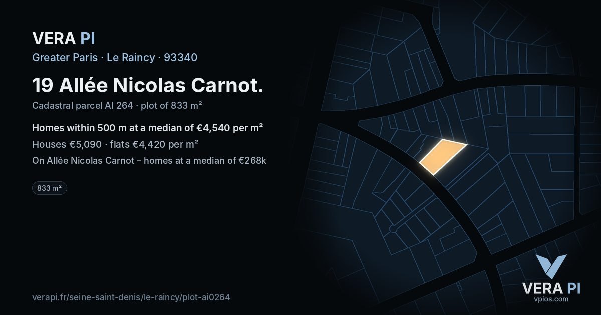 19 Allée Nicolas Carnot, Le Raincy at night – the plot lit, the parcels around coloured by the prices near them