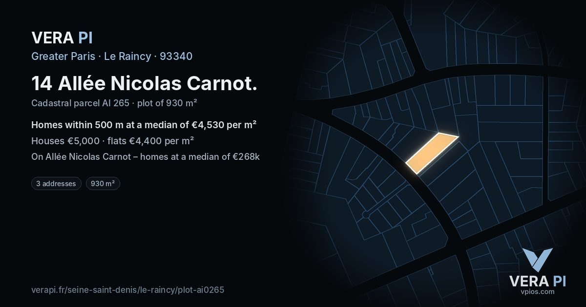 14 Allée Nicolas Carnot, Le Raincy at night – the plot lit, the parcels around coloured by the prices near them