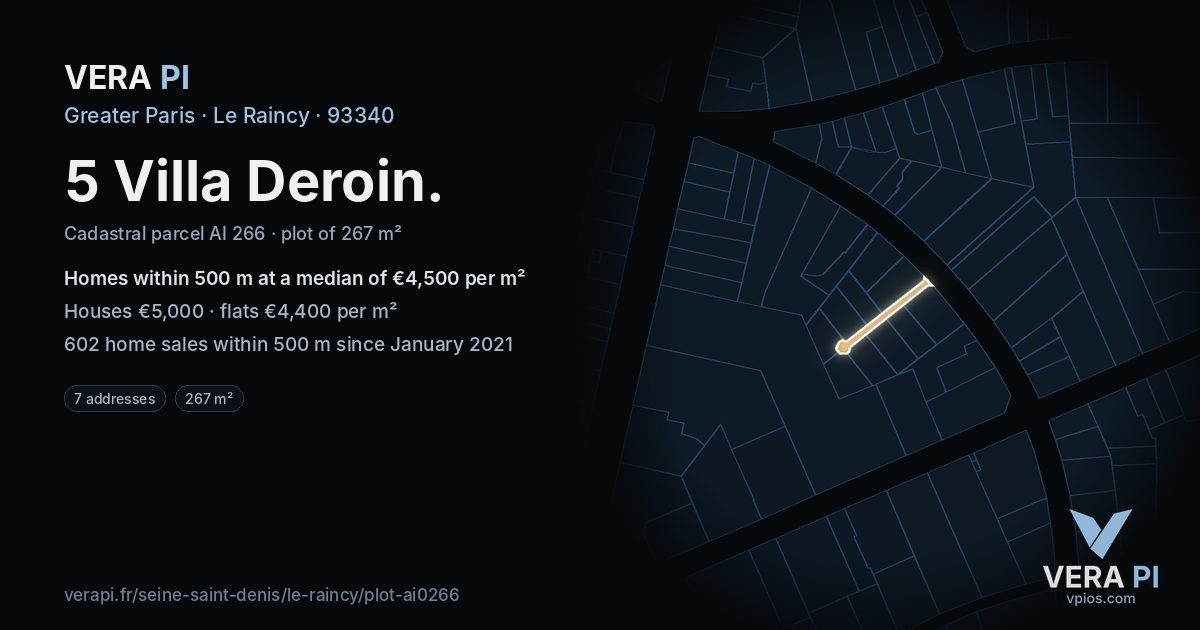 5 Villa Deroin, Le Raincy at night – the plot lit, the parcels around coloured by the prices near them