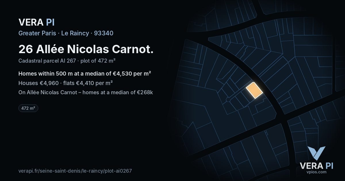 26 Allée Nicolas Carnot, Le Raincy at night – the plot lit, the parcels around coloured by the prices near them