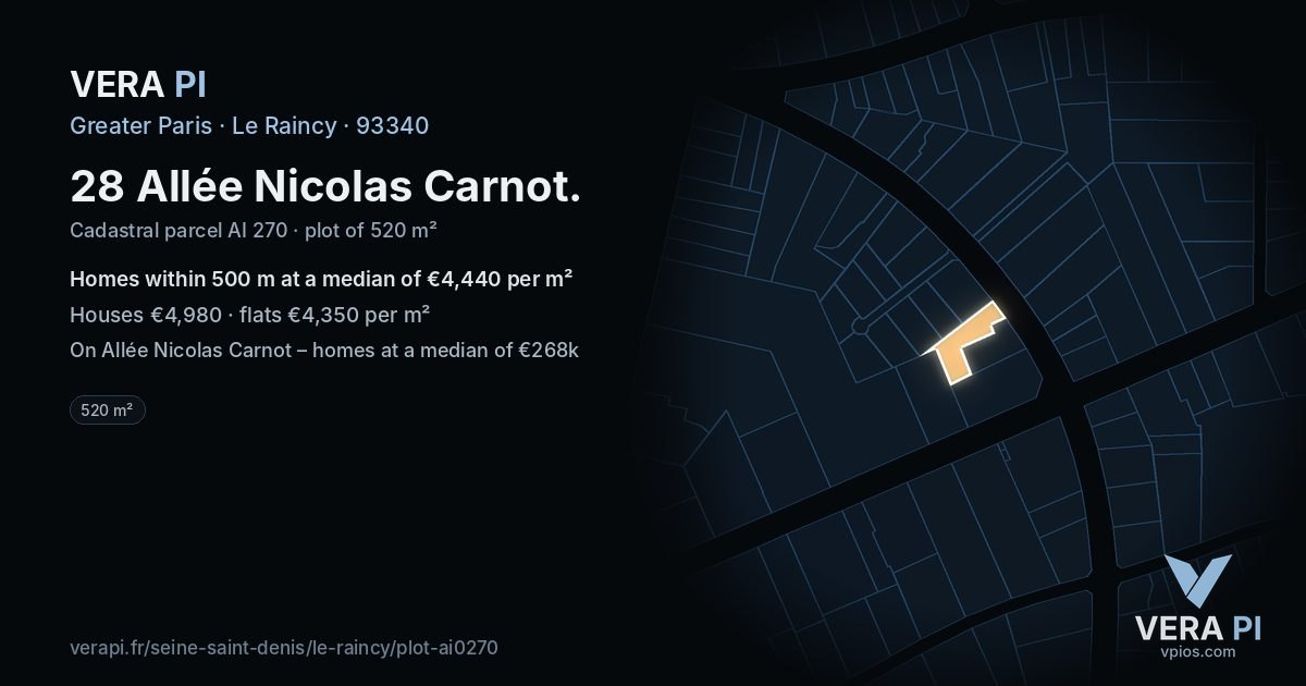 28 Allée Nicolas Carnot, Le Raincy at night – the plot lit, the parcels around coloured by the prices near them