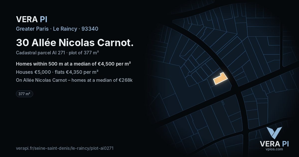 30 Allée Nicolas Carnot, Le Raincy at night – the plot lit, the parcels around coloured by the prices near them